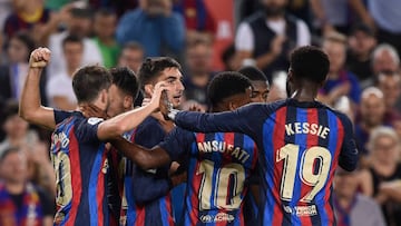 Barcelona's Spanish forward Ferran Torres celebrates scoring his team's fourth goal with teammates during the Spanish league football match between FC Barcelona and Athletic Club Bilbao at the Camp Nou stadium in Barcelona, on October 23, 2022. (Photo by Josep LAGO / AFP) (Photo by JOSEP LAGO/AFP via Getty Images)