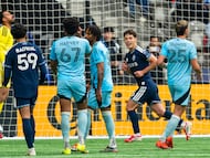 VANCOUVER, CANADA - MARCH 15: Sebastian Berhalter #16 of the Vancouver Whitecaps FC celebrates after scoring on a penalty kick against goalkeeper Kipp Keller #12 of the Minnesota United during the first half of MLS action at BC Place on March 15, 2026 in Vancouver, Canada. Rich Lam/Getty Images/AFP (Photo by Rich Lam / GETTY IMAGES NORTH AMERICA / Getty Images via AFP)