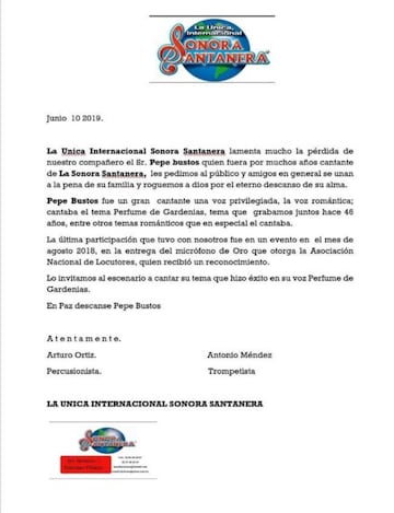 Carta de la Sonora Santanera sobre el fallecimiento de José Bustos.