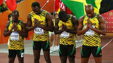 El equipo jamaicano que ganó el 4x100 metros en los últimos Mundiales, los de Pekín 2015.