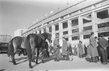 Agentes a caballo custodian las inmediaciones del Estadio Santiago Bernabéu antes del inicio del partido Real Madrid – F.C. Barcelona en febrero de 1959.
