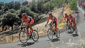 <b>POR LAS SIERRAS. </b>El Rabobank del líder Menchov controló el pelotón por las carreteras que les llevaron de Jaén a Puertollano, entre un paisaje de olivos y pinos.