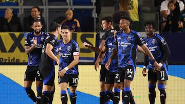 May 28, 2025; Carson, California, USA; San Jose Earthquakes forward Ousseni Bouda (11, right) celebrates with teammates after scoring a goal during the second half against the LA Galaxy at Dignity Health Sports Park. Mandatory Credit: Kiyoshi Mio-Imagn Images