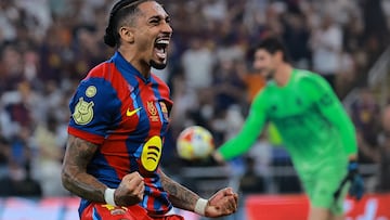 Soccer Football - Spanish Super Cup - Final - FC Barcelona v Real Madrid - King Abdullah Sports City Stadium, Jeddah, Saudi Arabia - January 11, 2026 FC Barcelona's Raphinha celebrates scoring their third goal REUTERS/Stringer