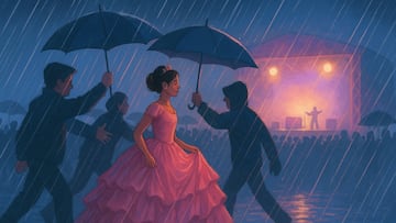 Girl, pink dress, rain, concert - artist's impression