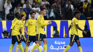 Soccer Football - Saudi Pro League - Al Nassr v Al Hazem - Al Awwal Park, Riyadh, Saudi Arabia - February 21, 2026 Al Nassr's Kingsley Coman celebrates scoring their second goal with Sadio Mane, Cristiano Ronaldo and Joao Felix REUTERS/Stringer
