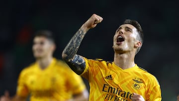 Soccer Football - Champions League - Group H - Maccabi Haifa v Benfica - Sammy Ofer Stadium, Haifa, Israel - November 2, 2022  Benfica's Alejandro Grimaldo celebrates scoring their third goal REUTERS/Ronen Zvulun