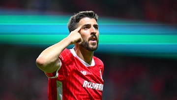 Joao Dias celebrates his goal of Toluca during the 14th round match between Toluca and Santos as part of the Liga BBVA MX, Torneo Clausura 2025 at Nemesio Diez Stadium, on April 06, 2025 in Toluca, Estado de Mexico, Mexico.