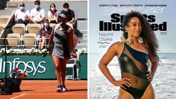 Naomi Osaka, tras un partido en Roland Garros 2021 y como portada de la edici&oacute;n de prendas de ba&ntilde;o de Sports Illustrated.