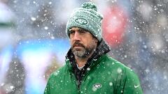 FOXBOROUGH, MASSACHUSETTS - JANUARY 07: Aaron Rodgers #8 of the New York Jets looks on before a game against the New England Patriots at Gillette Stadium on January 07, 2024 in Foxborough, Massachusetts.   Billie Weiss/Getty Images/AFP (Photo by Billie Weiss / GETTY IMAGES NORTH AMERICA / Getty Images via AFP)