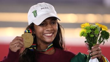 SHARJAH, UNITED ARAB EMIRATES - FEBRUARY 05: Rayssa Leal of Brazil celebrates with the gold medal after winning the Wome's Street Final during the Sharjah Skateboarding Street and Park World Championships 2023on February 05, 2023 in Sharjah, United Arab Emirates. (Photo by Francois Nel/Getty Images)
