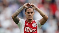 AMSTERDAM, NETHERLANDS - AUGUST 14: Antony of Ajax celebrates 2-1  during the Dutch Eredivisie  match between Ajax v FC Groningen at the Johan Cruijff Arena on August 14, 2022 in Amsterdam Netherlands (Photo by Rico Brouwer/Soccrates/Getty Images)