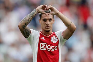 Antony celebrates during the Eredivisie match between Ajax and FC Groningen at the Johan Cruijff Arena on 14 August 2022