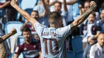 Iago Aspas celebra delante de la grada de Tribuna Baixa el gol logrado el pasado sábado ante el Leganés.
