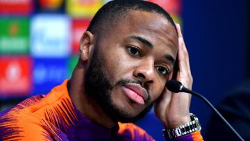 LONDON, ENGLAND - APRIL 08: Raheem Sterling of Manchester City attends a Manchester City press conference ahead of their UEFA Champions League quarter-final match against Tottenham Hotspur. At Tottenham Hotspur Stadium on April 08, 2019 in London, England