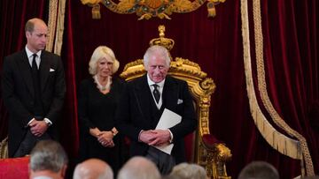 Britain's Prince William, Prince of Wales (L), Britain's Camilla, Queen Consort (C) listen as Britain's King Charles III speaks during a meeting of the Accession Council inside St James's Palace in London on September 10, 2022, to proclaim Charles as the new King. - Britain's Charles III was officially proclaimed King in a ceremony on Saturday, a day after he vowed in his first speech to mourning subjects that he would emulate his "darling mama", Queen Elizabeth II who died on September 8. (Photo by Jonathan Brady / POOL / AFP) (Photo by JONATHAN BRADY/POOL/AFP via Getty Images)