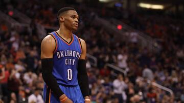 PHOENIX, AZ - MARCH 03: Russell Westbrook #0 of the Oklahoma City Thunder reacts during the final moments of the second half of the NBA game against the Phoenix Suns at Talking Stick Resort Arena on March 3, 2017 in Phoenix, Arizona. The Suns defeated the Thunder 118-111. NOTE TO USER: User expressly acknowledges and agrees that, by downloading and or using this photograph, User is consenting to the terms and conditions of the Getty Images License Agreement.   Christian Petersen/Getty Images/AFP
 == FOR NEWSPAPERS, INTERNET, TELCOS &amp; TELEVISION USE ONLY ==