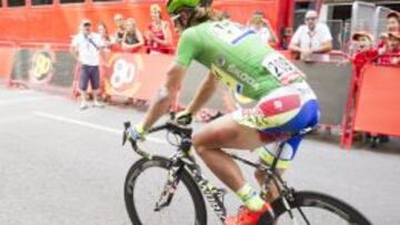 Peter Sagan visiblemente herido a su llegada a la meta de Murcia.