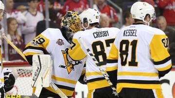 May 10, 2017; Washington, DC, USA; Pittsburgh Penguins goalie Marc-Andre Fleury (29) and Penguins center Sidney Crosby (87) celebrates after defeating the Washington Capitals 2-0 in game seven of the second round of the 2017 Stanley Cup Playoffs at Verizon Center. Mandatory Credit: Geoff Burke-USA TODAY Sports