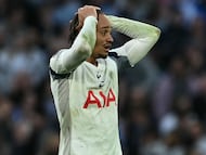 Tottenham Hotspur's Dutch midfielder #07 Xavi Simons reacts on the final whistle in the English Premier League football match between Tottenham Hotspur and Brighton and Hove Albion at the Tottenham Hotspur Stadium in London, on April 18, 2026. The game finished 2-2. (Photo by Ben STANSALL / AFP) / RESTRICTED TO EDITORIAL USE. No use with unauthorized audio, video, data, fixture lists, club/league logos or 'live' services. Online in-match use limited to 120 images. An additional 40 images may be used in extra time. No video emulation. Social media in-match use limited to 120 images. An additional 40 images may be used in extra time. No use in betting publications, games or single club/league/player publications. /