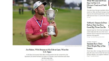 Portada de la sección de deportes del New York Times con el triunfo de Jon Rahm en el US Open de golf.