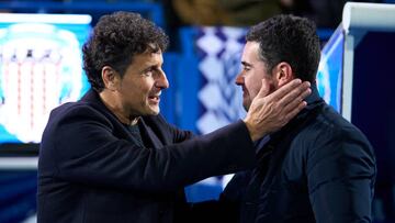 LEGANES, SPAIN - JANUARY 06: Imanol Idiakez, head coach of CD Leganes salutes with Fran Justo head coach of CD Lugo during La Liga SmartBank match between CD Leganes and CD Lugo at Estadio Municipal de Butarque on January 06, 2023 in Leganes, Spain. (Photo by Diego Souto/Quality Sport Images/Getty Images)