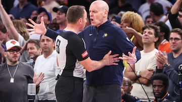 May 8, 2024; New York, New York, USA; Indiana Pacers head coach Rick Carlisle argues with an official in the fourth quarter against the New York Knicks during game two of the second round for the 2024 NBA playoffs at Madison Square Garden. Mandatory Credit: Wendell Cruz-USA TODAY Sports