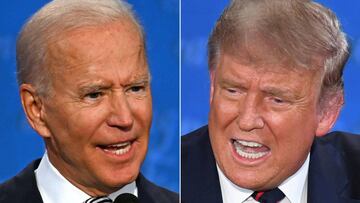 (COMBO) In this file combination of pictures created on September 29, 2020 Democratic Presidential candidate and former US Vice President Joe Biden (L) and US President Donald Trump speak during the first presidential debate at the Case Western Reserve Un