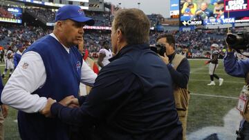Oct 2, 2016; Foxborough, MA, USA; New England Patriots head coach Bill Belichick and Buffalo Bills head coach Rex Ryan shake hands after the game at Gillette Stadium. The Bills defeated the Patriots 16-0. Mandatory Credit: David Butler II-USA TODAY Sports