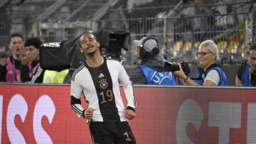 Germany's midfielder #19 Leroy Sane celebrates the 2-0 during the friendly football match between Germany and France in Dortmund, western Germany, on September 12, 2023. (Photo by SASCHA SCHUERMANN / AFP)