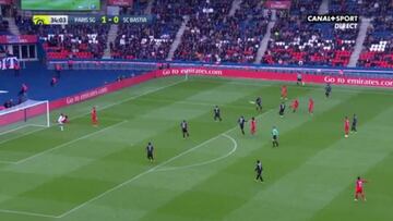 Verratti scores for PSG while Bastia keeper checks on Matuidi