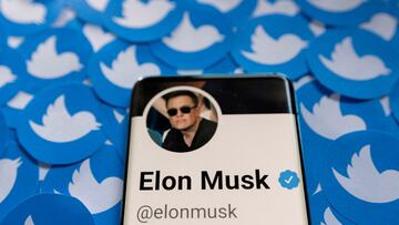 Elon Musk's Twitter profile is seen on a smartphone placed on printed Twitter logos.