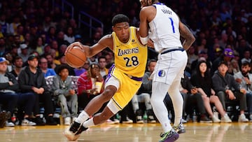 Nov 22, 2023; Los Angeles, California, USA; Los Angeles Lakers forward Rui Hachimura (28) moves to the basket against Dallas Mavericks guard Jaden Hardy (1) during the second half at Crypto.com Arena. Mandatory Credit: Gary A. Vasquez-USA TODAY Sports