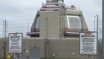 Warning signs hang on a fence outside the deck house of the American ballistic missile defence base to be integrated into the "Aegis Ashore" missile defense system, on the day of its inauguration in Redzikowo, Poland, November 13, 2024. REUTERS/Kacper Pempel