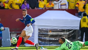 Mar 29, 2026; Landover, Maryland, USA; France forward Kylian Mbapp (10) shoots as Columbia goalie çlvaro Montero (25) dives during the second half at Northwest Stadium. Mandatory Credit: Tommy Gilligan-Imagn Images