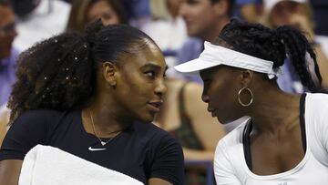 Venus Williams and Serena Williams during their women's doubles first round match against Czech Republic's Linda Fruhvirtova and Lucie Hradecka.