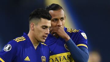 Soccer Football - Copa Libertadores - Round of 16 - First leg - Boca Juniors v Atletico Mineiro - Estadio La Bombonera, Buenos Aires, Argentina - July 13, 2021 Boca Juniors' Cristian Pavon and Sebastian Villa Pool via REUTERS/Marcelo Endelli