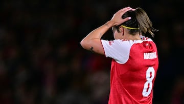 Arsenal's Spanish midfielder #08 Mariona Caldentey reacts after missing a chance during the UEFA Women's Champions League, league phase football match between Arsenal and Lyon at Meadow Park, in Borehamwood, north of London on October 7, 2025. (Photo by Ben STANSALL / AFP)