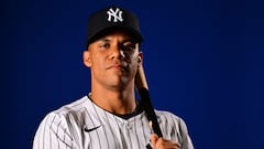 TAMPA, FLORIDA - FEBRUARY 21: Juan Soto #22 of the New York Yankees poses during the 2024 New York Yankees Photo Day at George M. Steinbrenner Field on February 21, 2024 in Tampa, Florida.   Julio Aguilar/Getty Images/AFP (Photo by Julio Aguilar / GETTY IMAGES NORTH AMERICA / Getty Images via AFP)