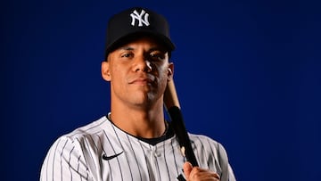 TAMPA, FLORIDA - FEBRUARY 21: Juan Soto #22 of the New York Yankees poses during the 2024 New York Yankees Photo Day at George M. Steinbrenner Field on February 21, 2024 in Tampa, Florida.   Julio Aguilar/Getty Images/AFP (Photo by Julio Aguilar / GETTY IMAGES NORTH AMERICA / Getty Images via AFP)