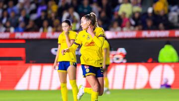 Irene Guerrero of Americaduring the Great-Final first leg match between Pachuca and America as part of the Torneo Clausura 2025, Liga MX Femenil at Hidalgo Stadium on May 09, 2025 in Pachuca, Hidalgo, Mexico.