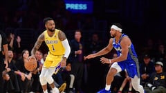Los Angeles Lakers guard D'Angelo Russell (1) controls the ball against Orlando Magic guard Jalen Suggs (4) during the second half at Crypto.com Arena.