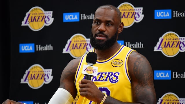 Sep 29, 2025; Los Angeles, CA, USA; Los Angeles Lakers forward LeBron James (23) during media day at UCLA Health Training Center. Mandatory Credit: Gary A. Vasquez-Imagn Images