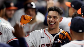 HOUSTON, TEXAS - JULY 31: Mauricio Dubon #14 of the Houston Astros celebrates his two-run home run in the sixth inning against the Pittsburgh Pirates at Minute Maid Park on July 31, 2024 in Houston, Texas. Tim Warner/Getty Images/AFP (Photo by Tim Warner / GETTY IMAGES NORTH AMERICA / Getty Images via AFP)