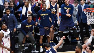 Apr 15, 2017; Los Angeles, CA, USA; Utah Jazz players celebrate after forward Joe Johnson (not pictured) scored the winning basket as time expires in game one of the first round of the 2017 NBA Playoffs against the LA Clippers at Staples Center. The Jazz won 97-95. Mandatory Credit: Robert Hanashiro-USA TODAY Sports