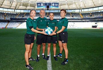 UEFA Super Cup match officials: (left to right) Assistant referee Manuela Nicolosi, fourth official Cuneyt Cakir, referee Stephanie Frappart and assistant referee Michelle O'Neill