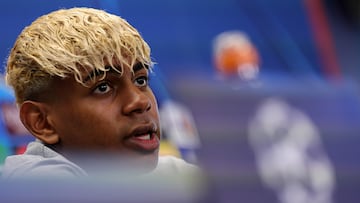 Barcelona's Spanish forward Lamine Yamal addresses a press conference on the eve of the UEFA Champions League semi-final first leg football match between FC Barcelona and Inter Milan at the Joan Gamper training ground in Sant Joan Despi, near Barcelona, on April 29, 2025. (Photo by LLUIS GENE / AFP)