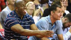 LAS VEGAS, NV - JULY 17: Los Angeles Lakers president of basketball operations Earvin &quot;Magic&quot; Johnson (L) and Lakers general manager Rob Pelinka look on during the team&#039;s championship game of the 2017 Summer League against the Portland Trail Blazers at the Thomas &amp; Mack Center on July 17, 2017 in Las Vegas, Nevada. Los Angeles won 110-98. NOTE TO USER: User expressly acknowledges and agrees that, by downloading and or using this photograph, User is consenting to the terms and conditions of the Getty Images License Agreement.   Ethan Miller/Getty Images/AFP
 == FOR NEWSPAPERS, INTERNET, TELCOS &amp; TELEVISION USE ONLY ==