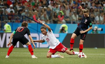 Yussuf Poulsen con Luka Modric e Ivan Rakitic.