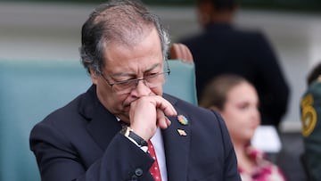 Colombia's President Gustavo Petro reacts during the appointment ceremony of the new Commander in Chief of the Colombian Military Forces, Admiral Francisco Cubides, at the Jose Maria Cordova Military Cadet School in Bogota, Colombia July 9, 2024. REUTERS/Luisa Gonzalez